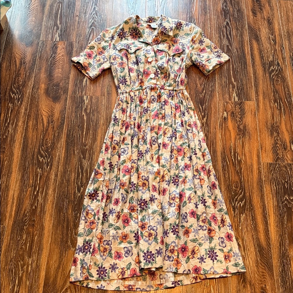 Talbots linen Cream Floral Midi Dress with Pink Purple Orange Blossoms